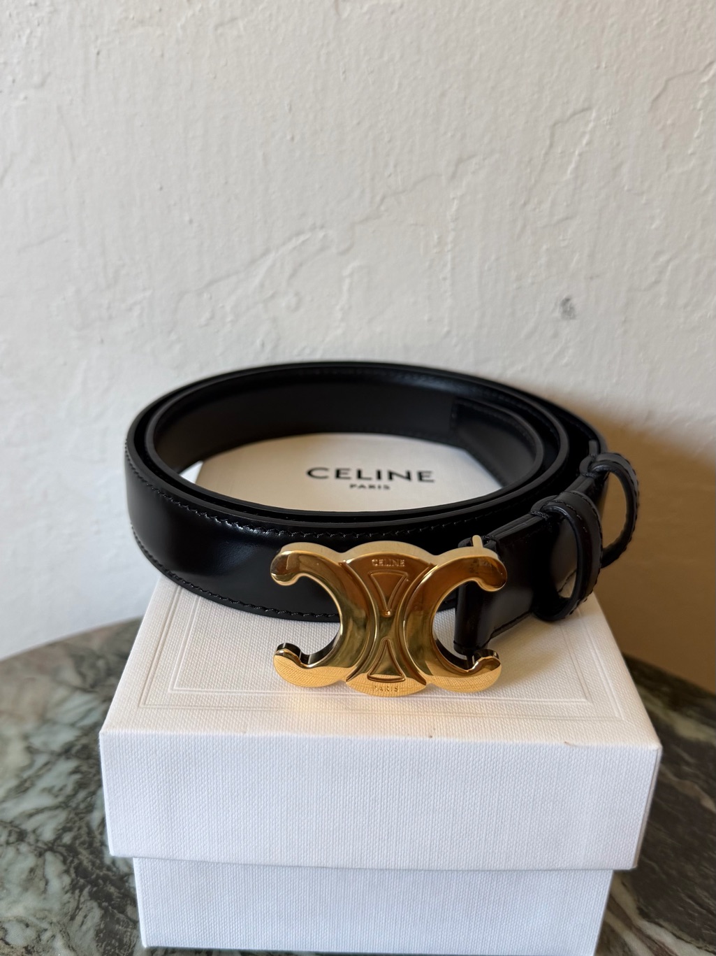 Celine Triomphe 25mm Black Leather Belt With Gold Buckle